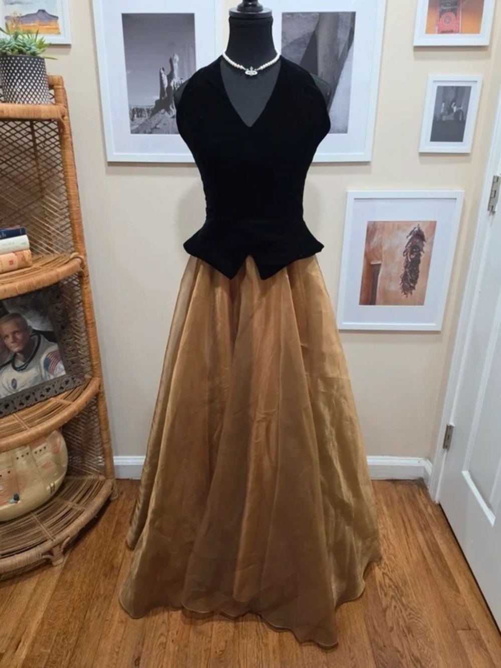 Black Velvet Bodice with Gold Maxi Skirt Evening Dress